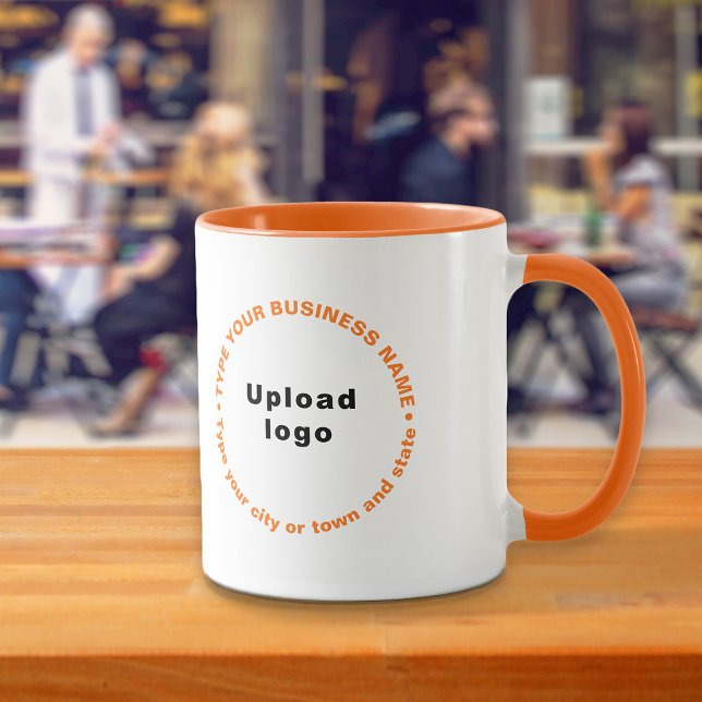 Round Pattern Business Brand Texts on Orange Combo Mug (Build brand name awareness. Round pattern business brand texts on orange color combo mug.)