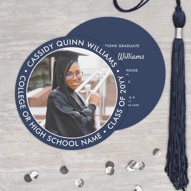 Round Photo Navy and White Graduation Invitation (Creator Uploaded)