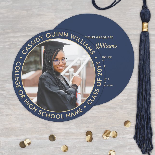 Round Photo Navy Blue & Gold Graduation Invitation (Creator Uploaded)
