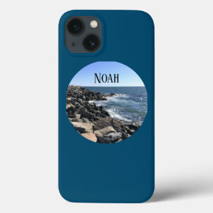 Round Photo of Atlantic Ocean Rocky Shore Blue iPhone 13 Case