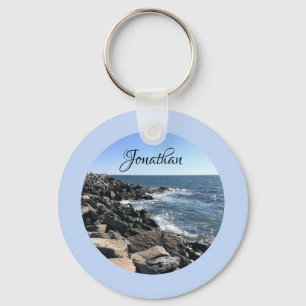 Round Photo of Atlantic Ocean Rocky Shoreline Sea Key Ring