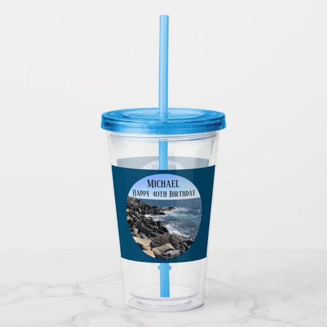 Round Photo of Ocean Shore Blue Sea 40 Birthday Acrylic Tumbler (Front)