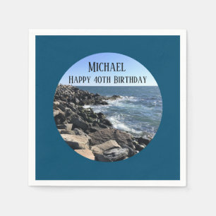 Round Photo of Ocean Shore Blue Sea 40 Birthday Napkin