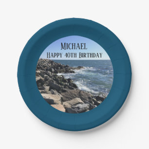 Round Photo of Ocean Shore Blue Sea 40 Birthday Paper Plate