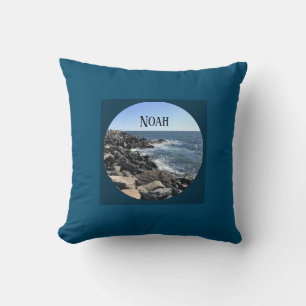Round Photo of Ocean Shore Dark Blue Custom Name Cushion