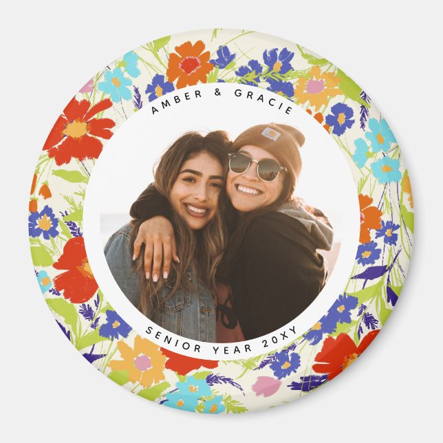 Round Photo Pretty Wildflower Frame with Text Magn Magnet (Front)