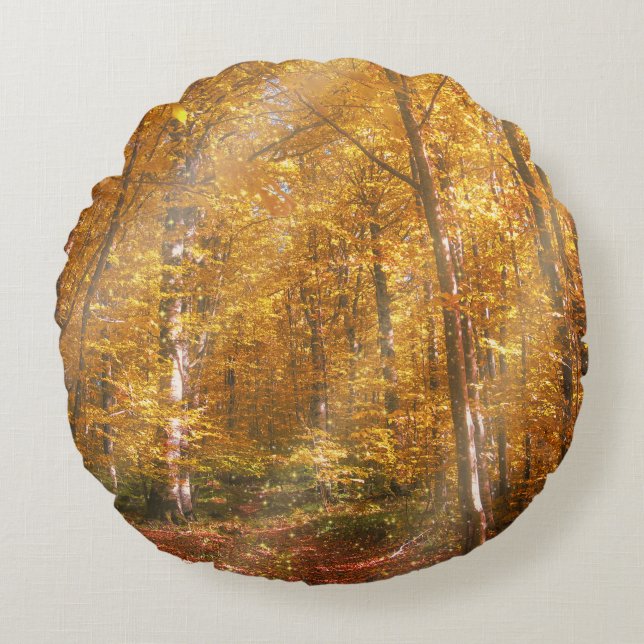 Round Pillow Autumn forest Gold Rays (Front)