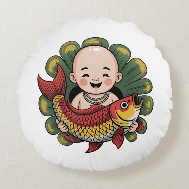 Round Pillow | Cute Boy with Lucky Koi (Front)