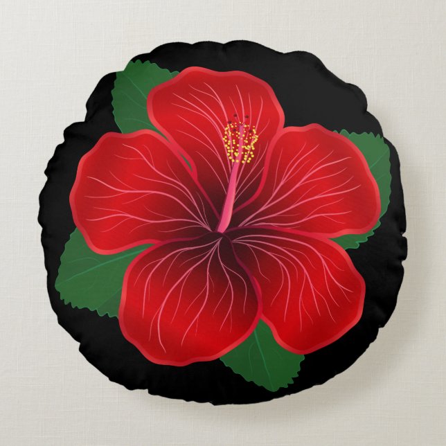 Round Pillow-Red Hibiscus Flower Cushion (Front)