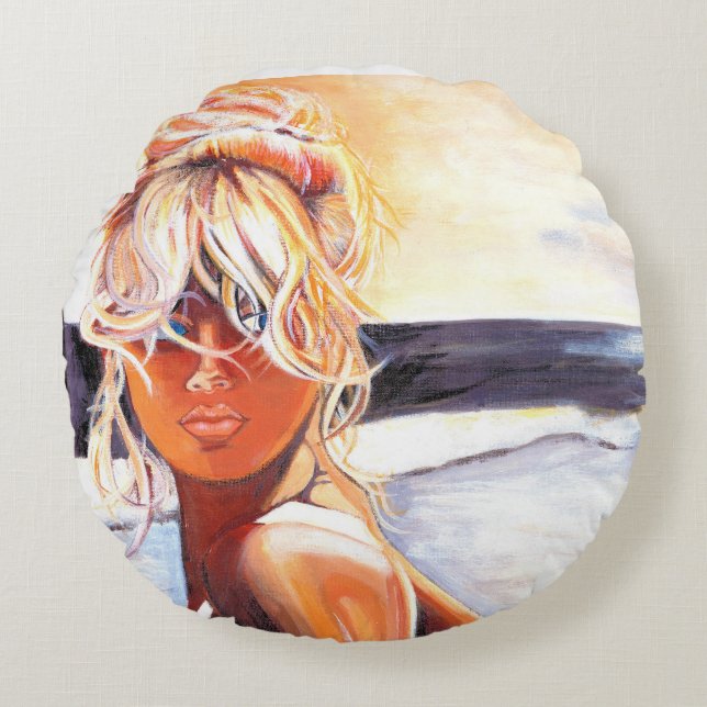 Round Pillow with unique painting of blond girl (Front)