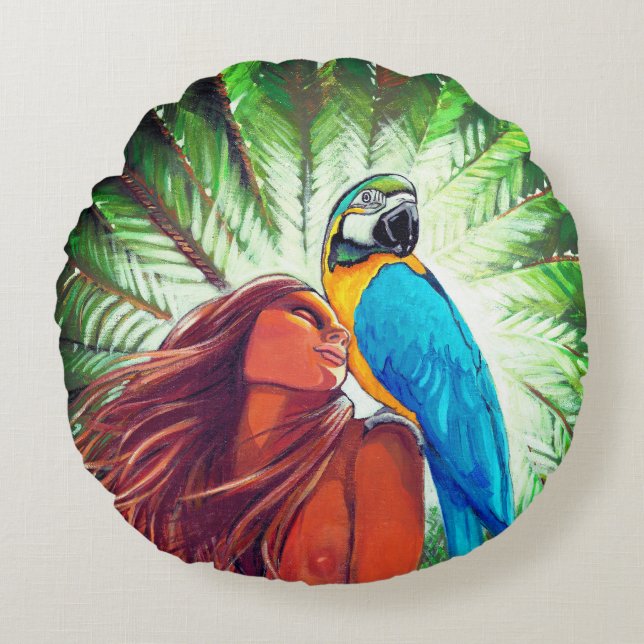 Round Pillow with unique tropical style painting  (Front)