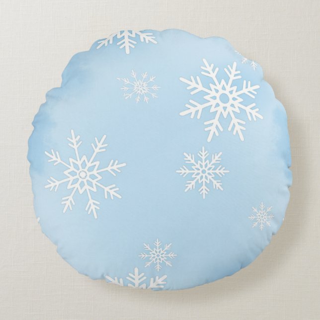  Round Pillow with White Snowflakes on Blue Backgr (Front)