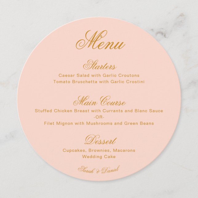 Round Pink & Gold Simple Calligraphy Wedding Menu (Front)