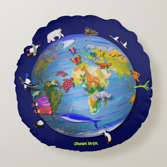 Round Planet Earth Cushion with wild animals (Front)