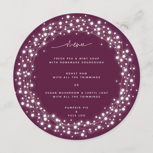 Round Plum Sparkling Lights Christmas Dinner Menu (Front)