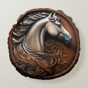 Round Plush Accent Pillow with Western Style Horse