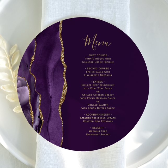 Round Purple Gold Agate Plum Wedding Menu (Creator Uploaded)