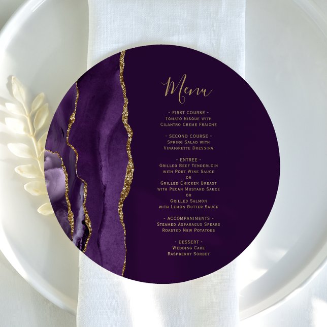Round Purple Gold Agate Plum Wedding Menu (Creator Uploaded)
