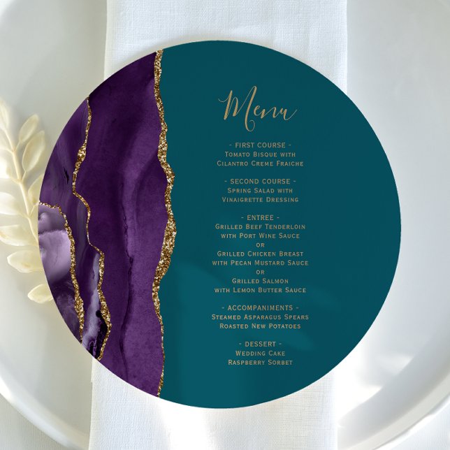 Round Purple Gold Agate Teal Wedding Menu (Creator Uploaded)