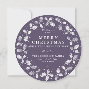 Round Purple Merry Christmas Holly Wreath Holiday Card