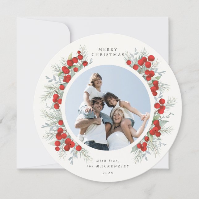Round Red Berries Christmas Holiday Photo Card (Front)
