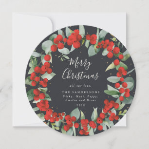 Round Red Berries + Eucalyptus Christmas Wreath Holiday Card