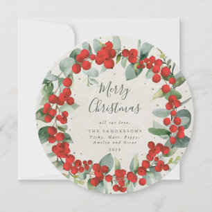 Round Red Berries + Eucalyptus Christmas Wreath Holiday Card