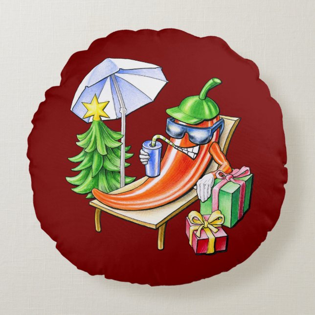 Round Red Christmas Chilli Cartoon Drawing Cushion (Front)