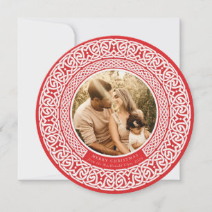 Round Red + Off White Celtic Holiday Photo Card