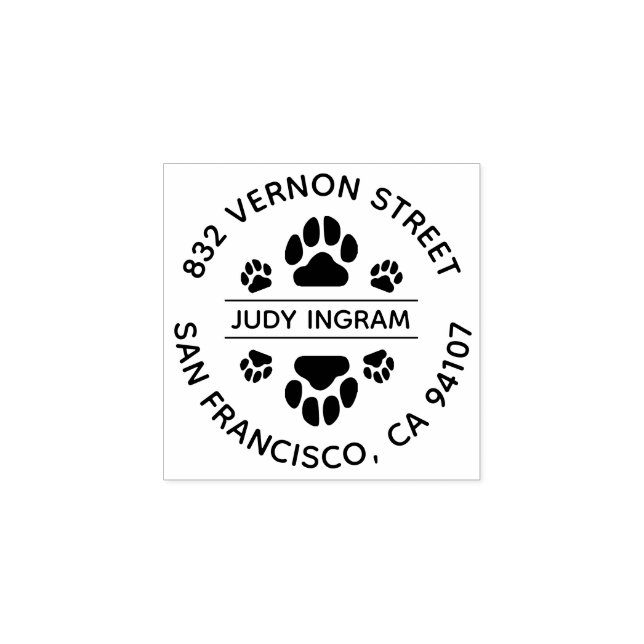 Round Return Address Rubber Stamp With Paw Print (Imprint)
