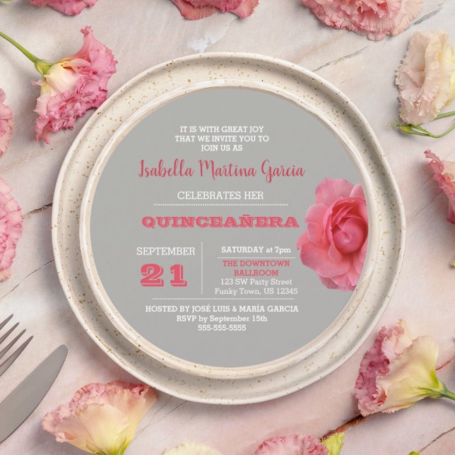 Round Rose Grey Quinceañera Invitation (Creator Uploaded)