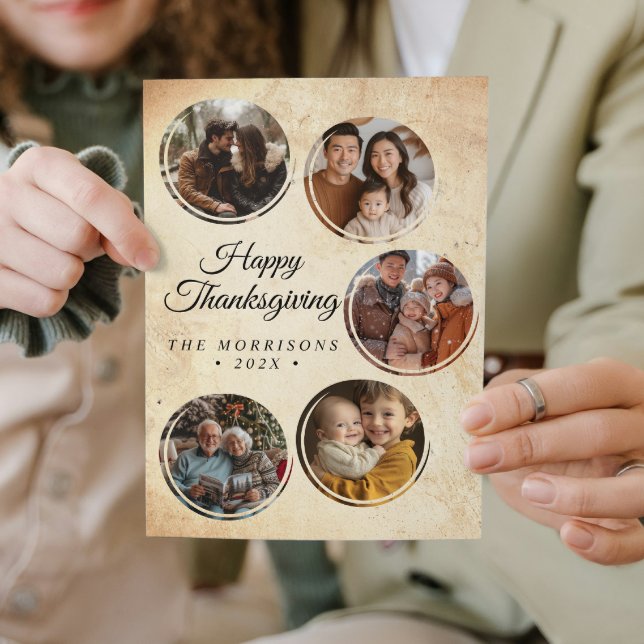 Round Rustic Collage 5 Photos Happy Thanksgiving Holiday Card (Creator Uploaded)