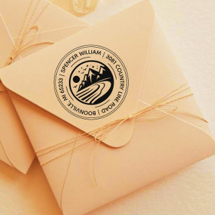 Round Rustic Forest Mountain Sketch Return Address Rubber Stamp