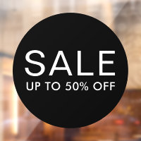Round sale sign with custom text or up to 50% off