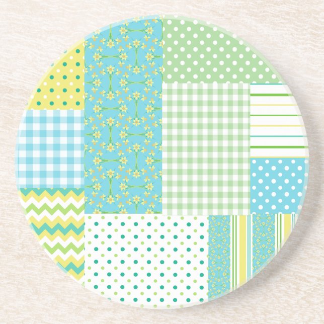 Round Sandstone Coaster: Daffodils, Faux-Patchwork Coaster (Front)
