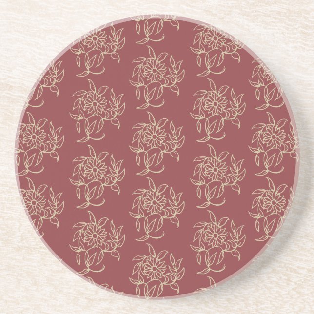 Round Sandstone Coaster, Maroon, Blue Floral Coaster (Front)