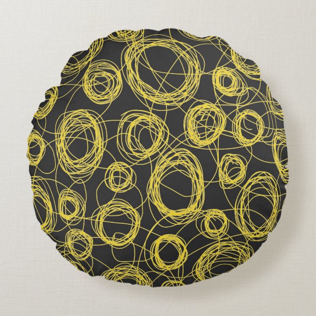 Round Scribbles Yellow and Black Cushion (Front)