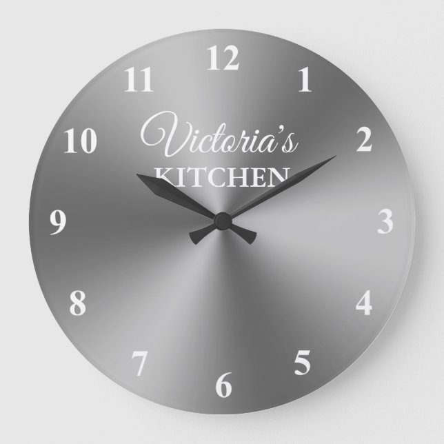 Round silver metallic custom kitchen wall clock (Front)
