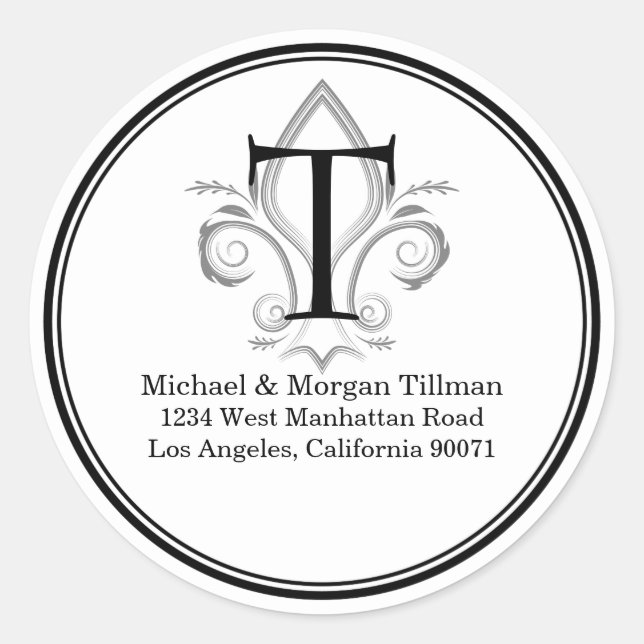 Round Simple Sticker Fleur Monogram Address Label (Front)