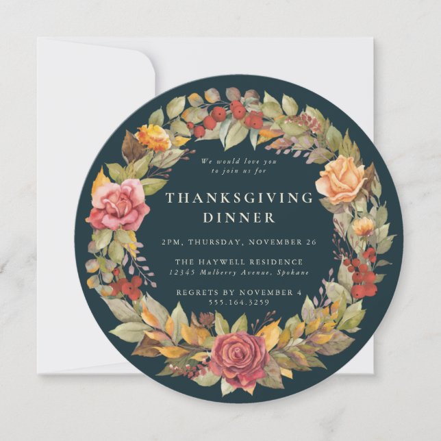 Round/Square Autumnal Wreath Thanksgiving Dinner Invitation (Front)