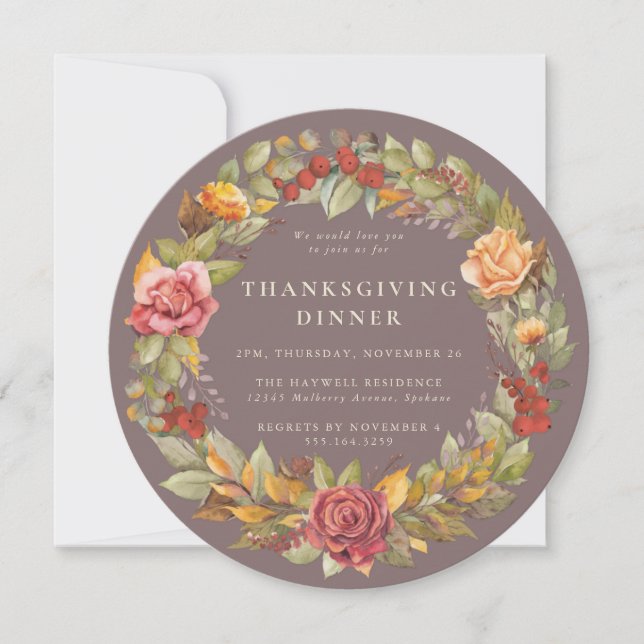 Round/Square Autumnal Wreath Thanksgiving Dinner Invitation (Front)