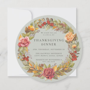 Round/Square Autumnal Wreath Thanksgiving Dinner Invitation