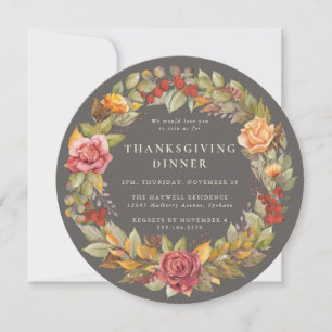 Round/Square Autumnal Wreath Thanksgiving Dinner Invitation