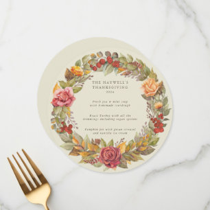 Round/Square Autumnal Wreath Thanksgiving Dinner Menu