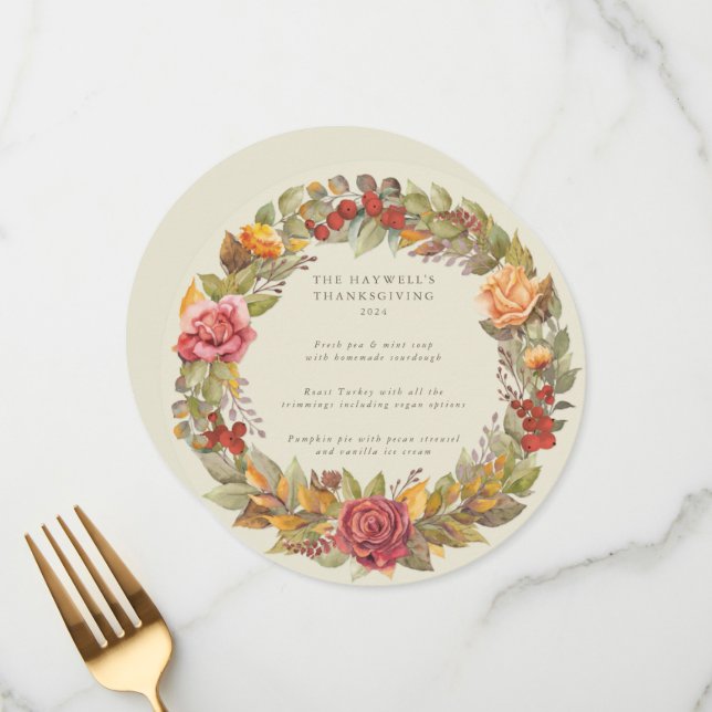 Round/Square Autumnal Wreath Thanksgiving Dinner Menu (Front/Back In Situ)