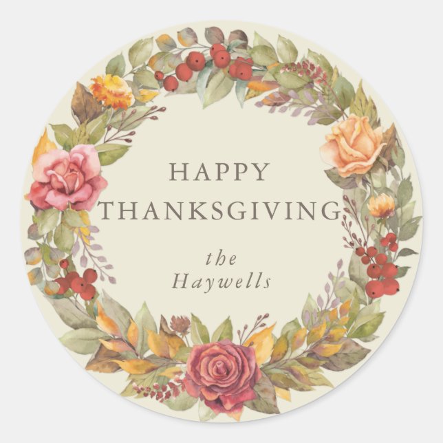 Round/Square Fall Wreath Happy Thanksgiving Classic Round Sticker (Front)