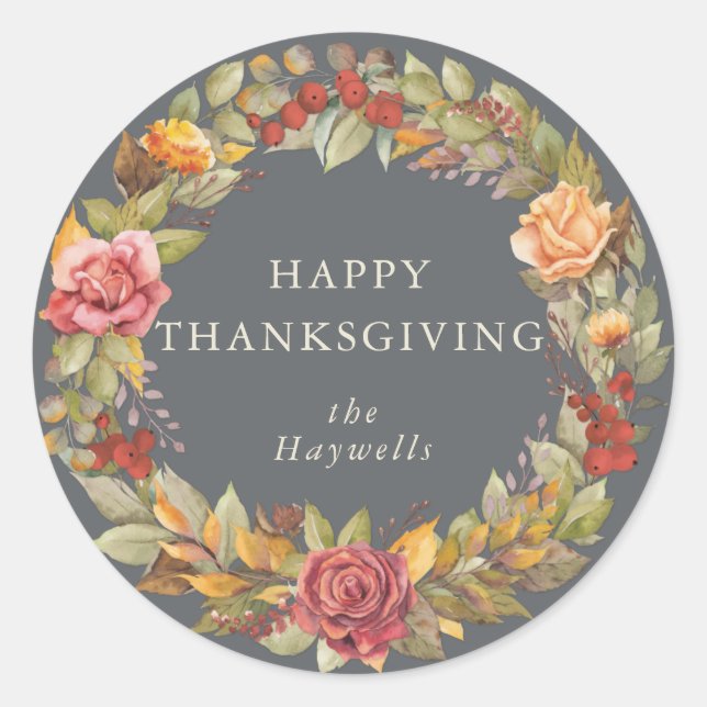 Round/Square Fall Wreath Happy Thanksgiving Classic Round Sticker (Front)