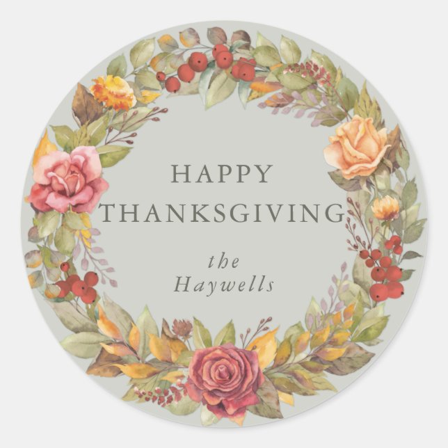 Round/Square Fall Wreath Happy Thanksgiving Classic Round Sticker (Front)