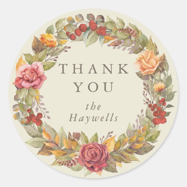 Round/Square Fall Wreath Thank You Classic Round Sticker (Front)