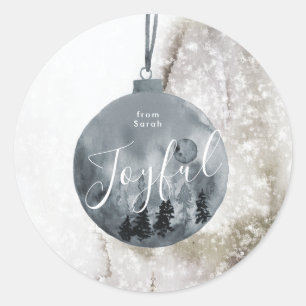 Round Sticker Christmas Snow Tree Blue Bauble